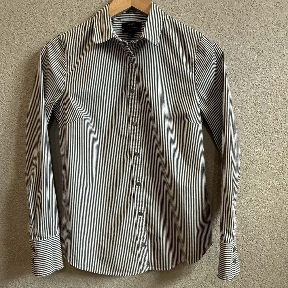 J.CREW Perfect Button Up Shirt Long Sleeve Black White Stripe Stretch Cotton XS